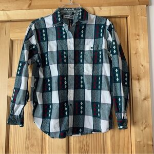 Krazy Kat Shirt Women Sz Med Green Plaid Button Up Collared Long Sleeve